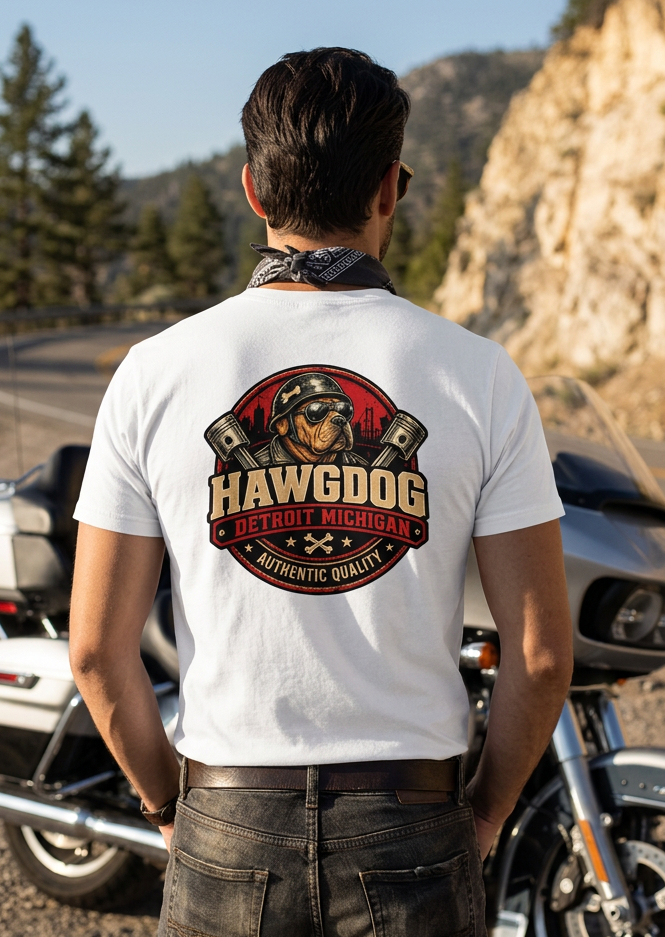 Loud Pipes Save Lives men's tee shirt by HawgDog Gear, white, back