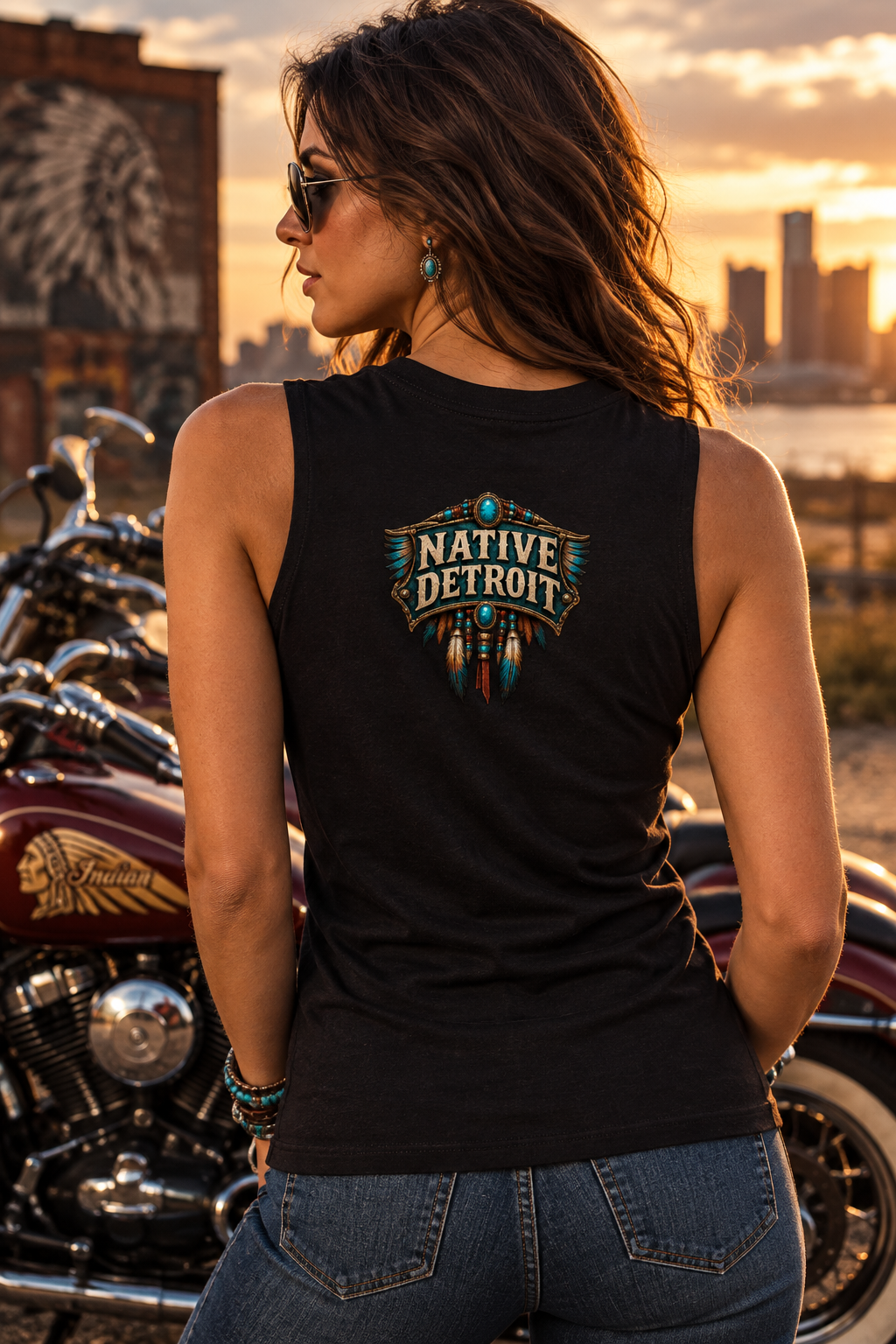 Back of the black Native Detroit women's crewneck tank with the Native Detroit shield