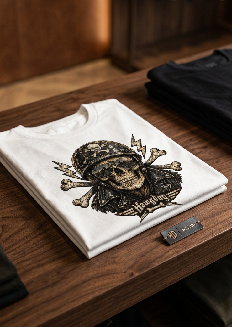 Front of the white Billy Bones men's tank top with the helmeted skull and crossbones graphic, laid flat on a wooden table