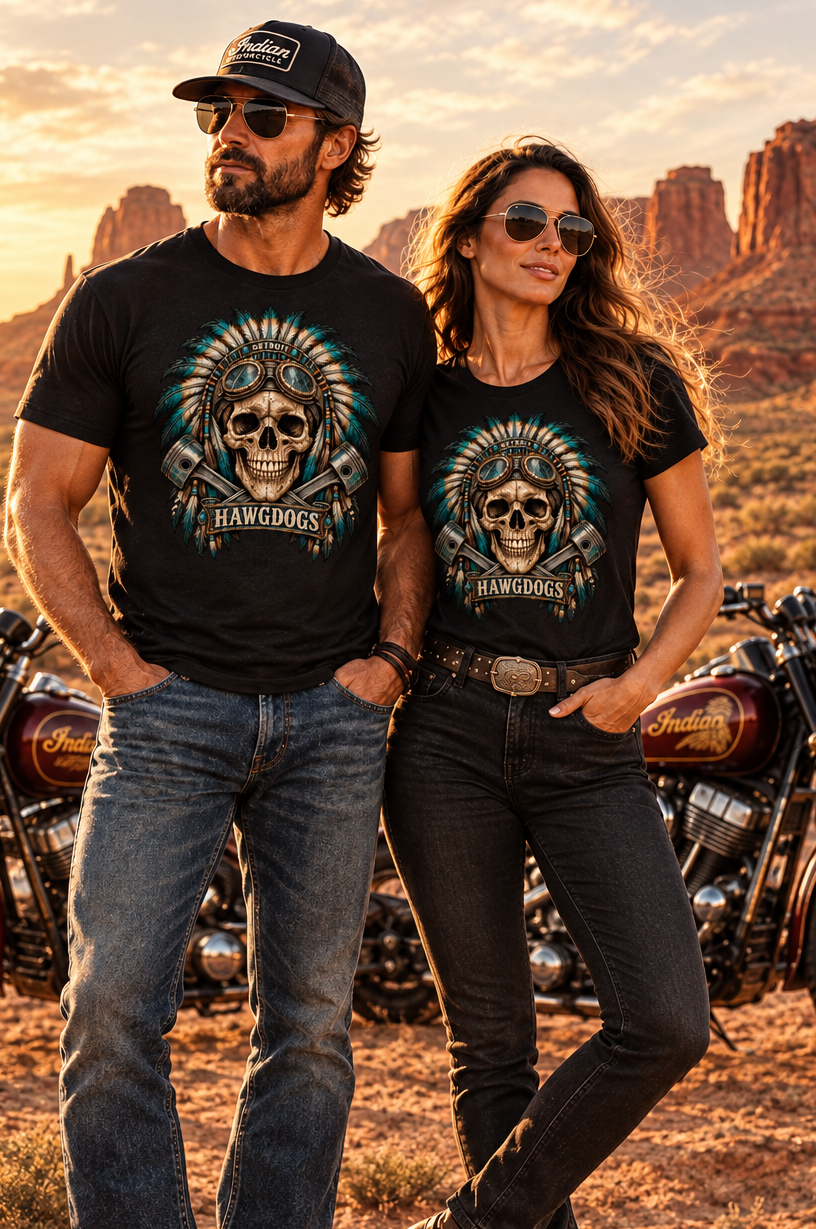 Couple wearing black Native Detroit tees in red rock canyon country