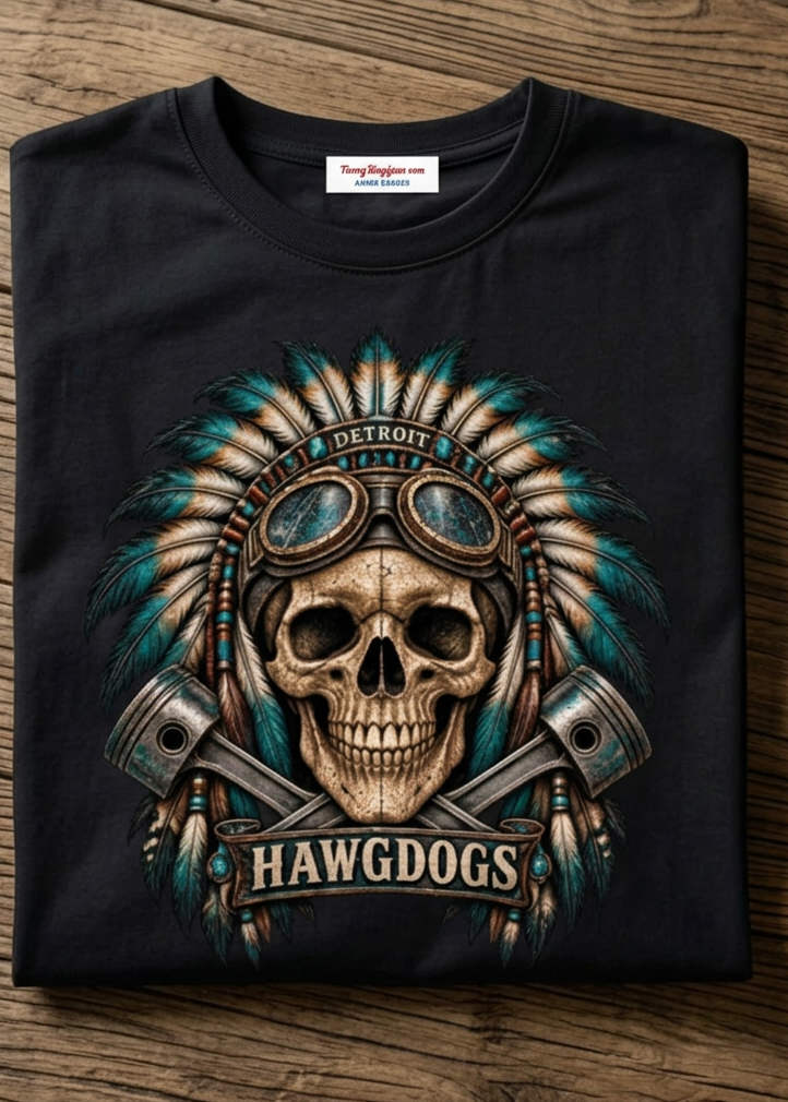 Front of the black Native Detroit tee with the headdress skull and pistons graphic, laid flat on a wooden table