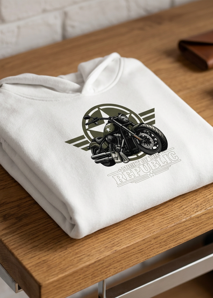 Front of the white HawgDogs Might of The Republic Ultimate Fleece-147 Hoodie with the military star, wings, and motorcycle graphic, folded on a table