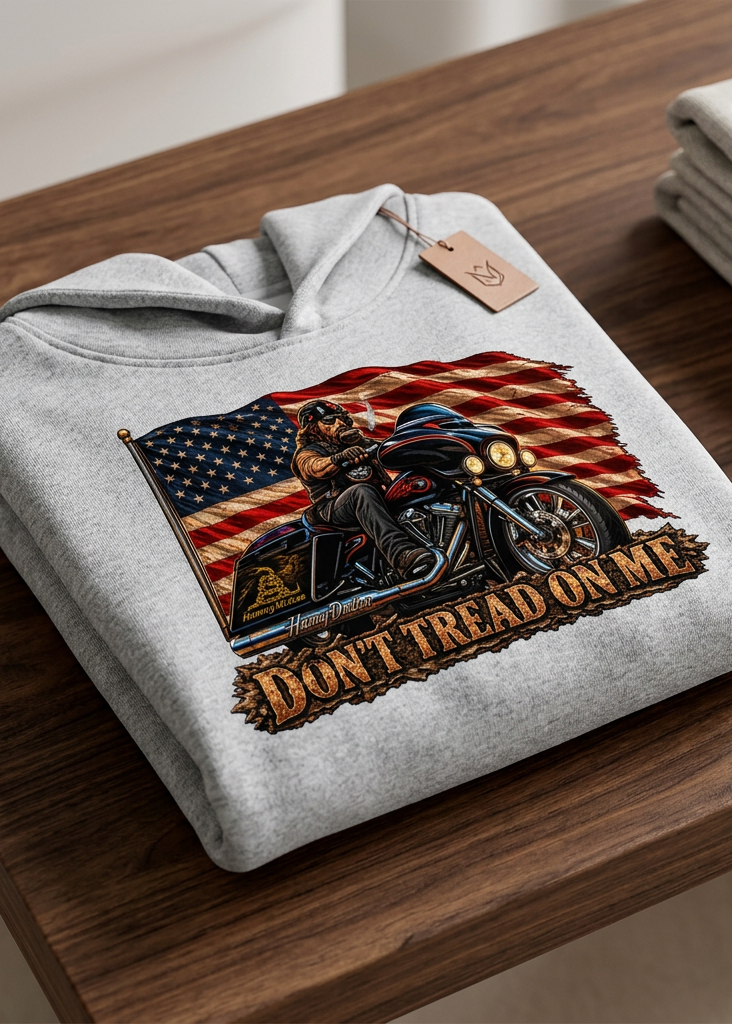 Front of the flower gray HawgDogs Don't Tread Doggo Ultimate Fleece-147 Hoodie with the flag biker graphic, folded on a wooden table