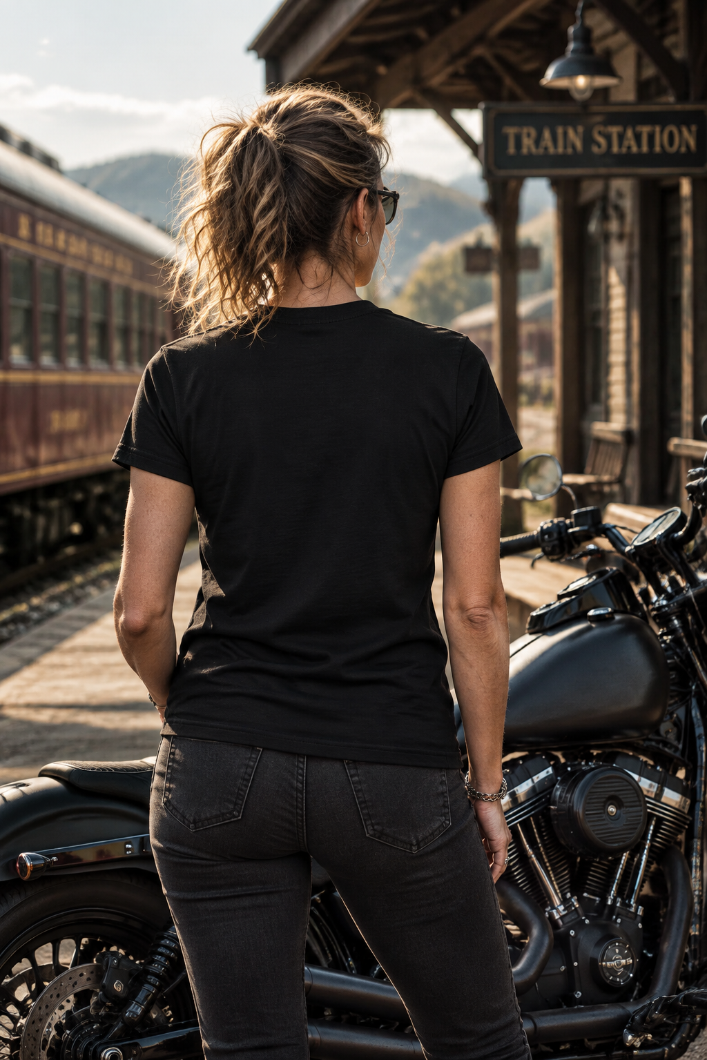 Back of the black Wild Wheelie tee on a woman at a train depot with motorcycles
