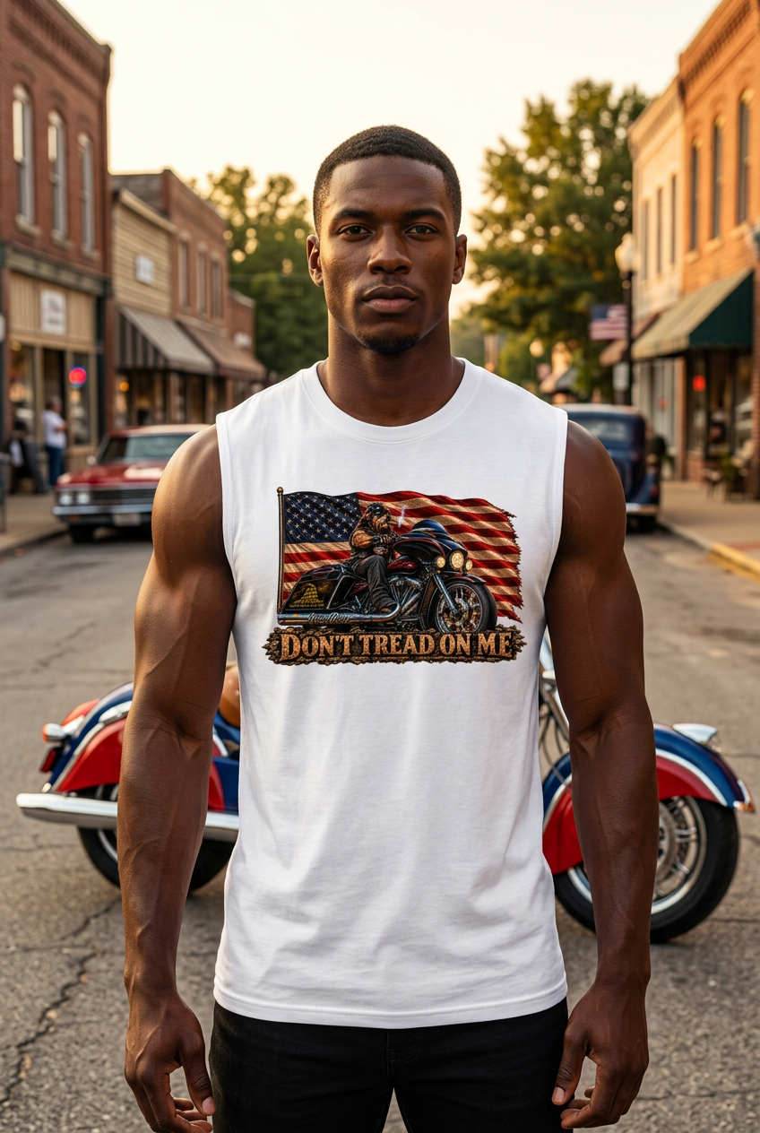 Man in the white Don't Tread Doggo men's tank top with motorcycles downtown