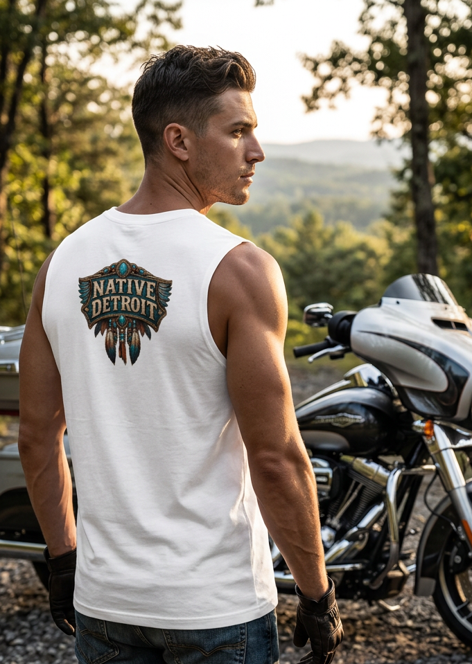 Back of the white Native Detroit men's tank top with the Native Detroit shield logo