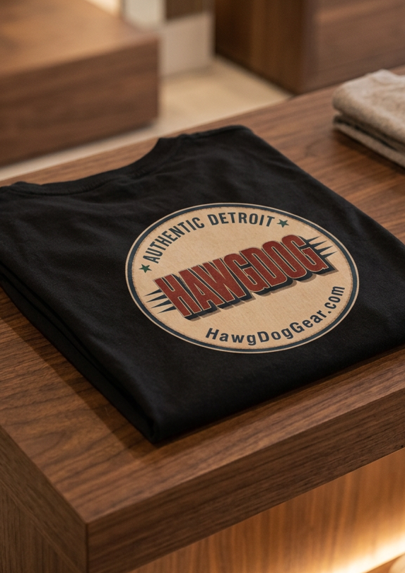 Back of the black Bagger Dogs men's tank top with the Authentic Detroit patch, folded on a wooden table