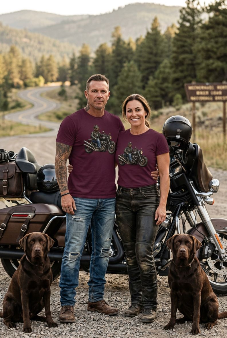 Couple wearing Grape Purple HawgDogs Chocolate Biker tees with two chocolate Labs beside a motorcycle