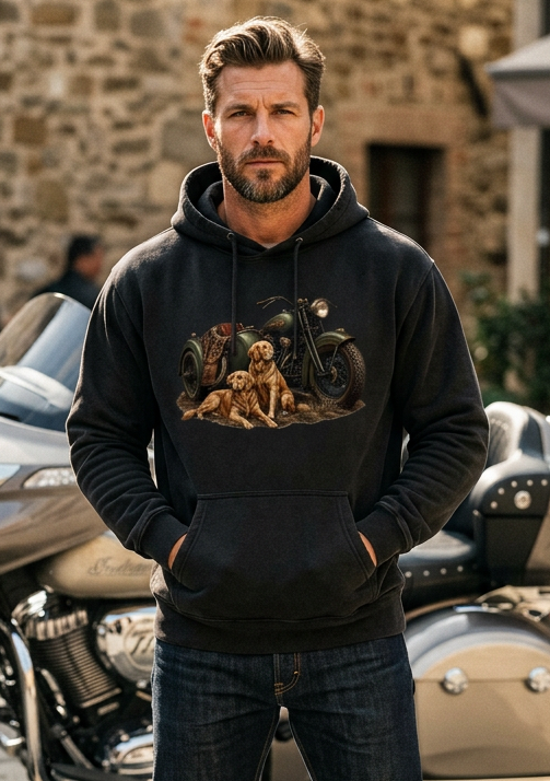 Close-up of the Golden Hour Golden Retriever desert highway sunset graphic on the white hoodie