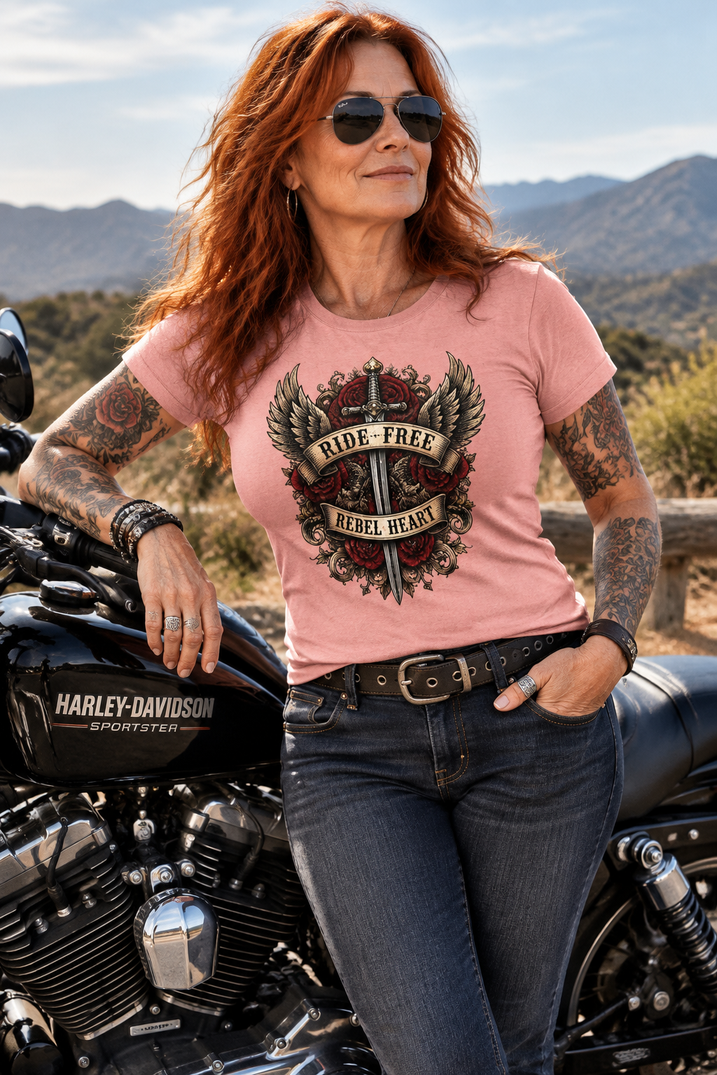 Woman in the pink Rebel Heart women's tee beside her motorcycle in the mountains