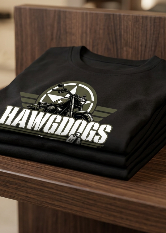 Front of the black Might of The Republic rear-print men's tank top with the small HawgDogs chest emblem, laid flat on a wooden table