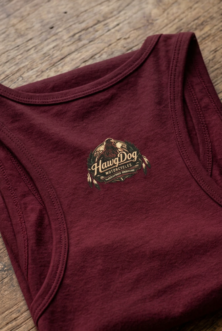 Back of the maroon Follow The Unknown women's crewneck tank with the HawgDog Bigfoot logo, folded on a wooden table