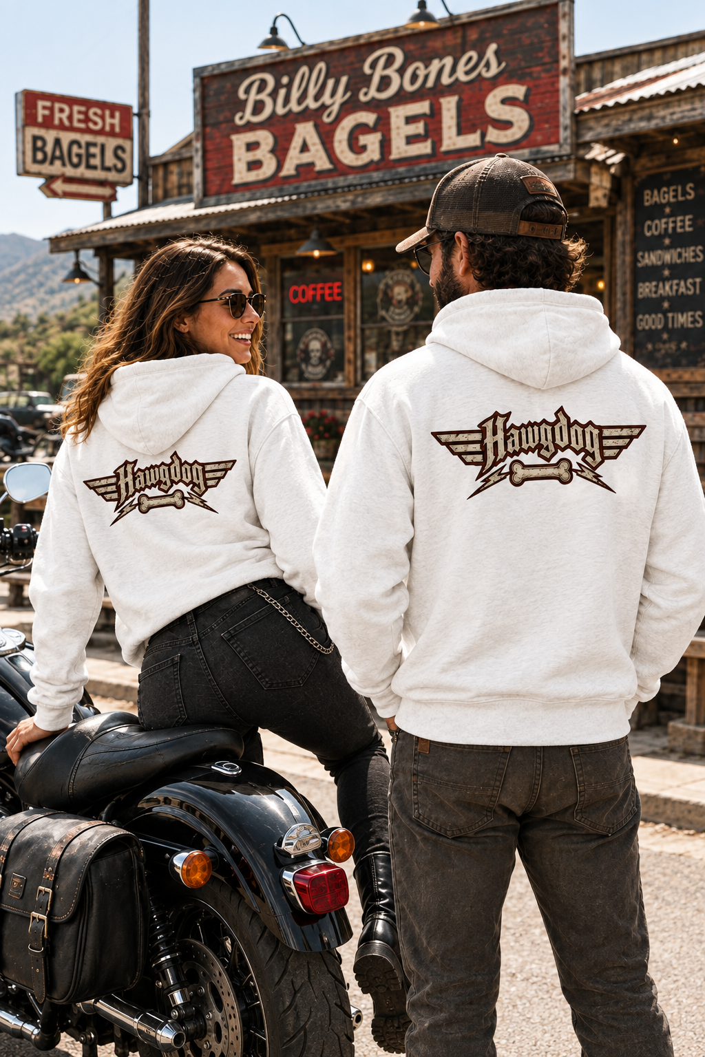 Back of white Billy Bones hoodies with the Hawgdog wing logo on a couple