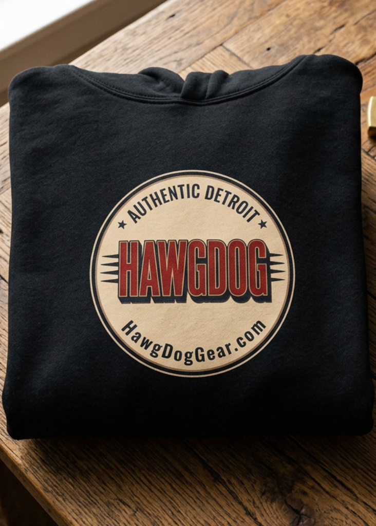Back of the black Bagger Dogs hoodie with the Authentic Detroit patch, folded on a wooden table