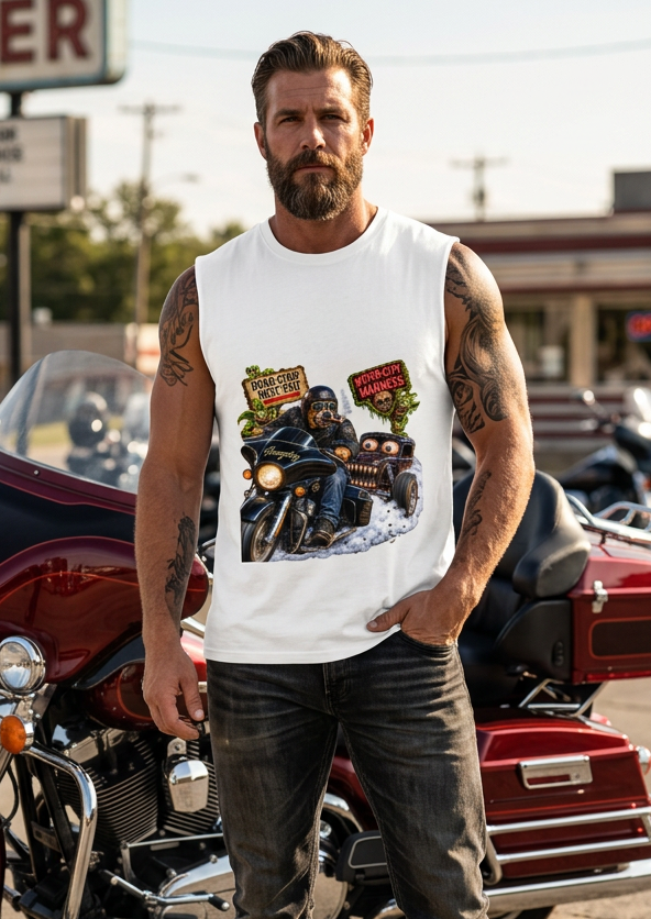 Man in the white Drag Rage men's tank top with a motorcycle in the city