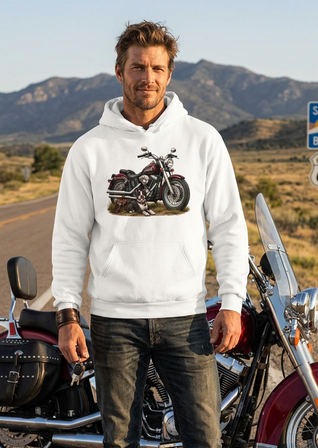 Close-up of the Boston Terrier biker front graphic on the white hoodie