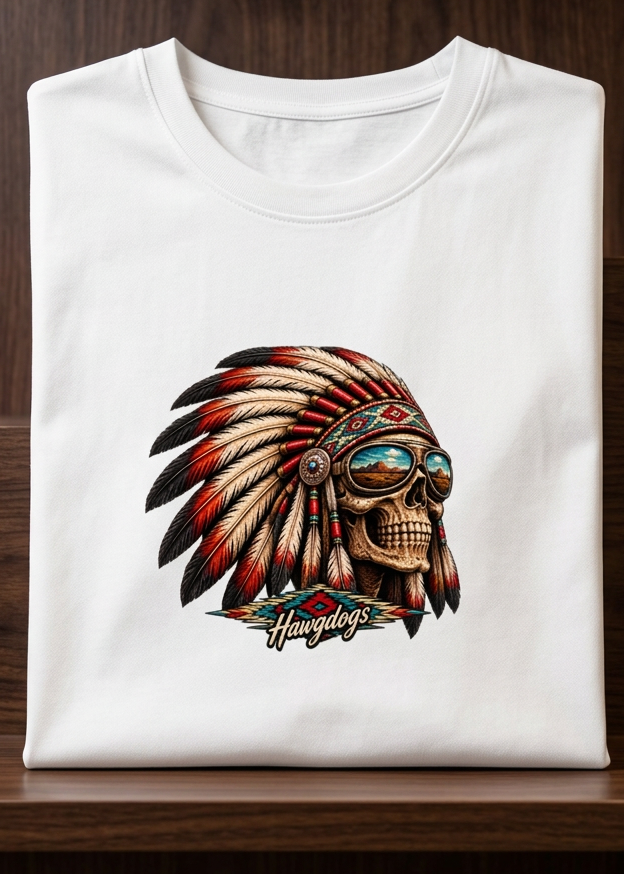 Front of the white Thunderhead men's tank top with the headdress bulldog skull graphic, laid flat on a wooden table
