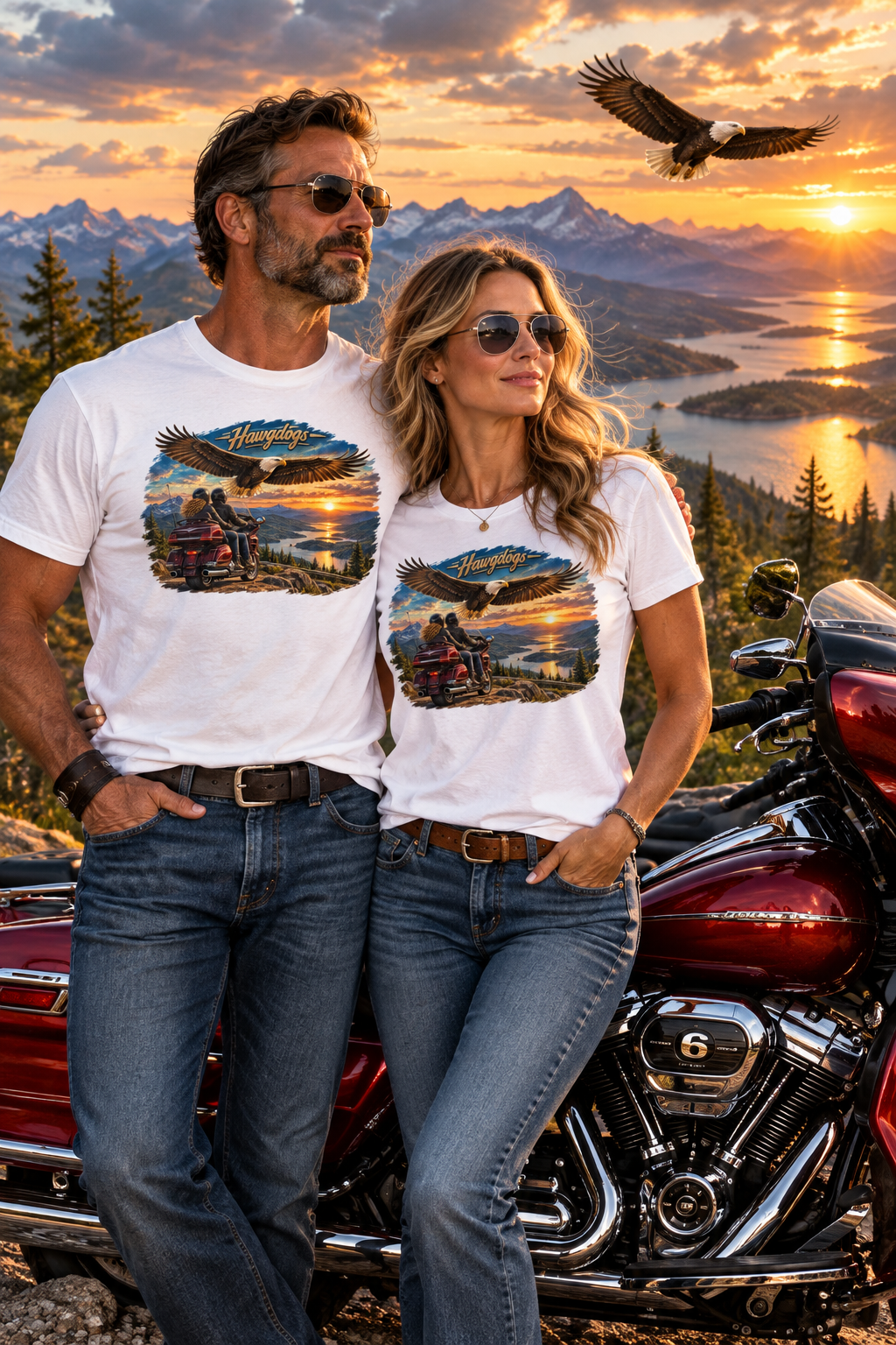 Couple in white Wings of The Open Road tees with a motorcycle as an eagle soars