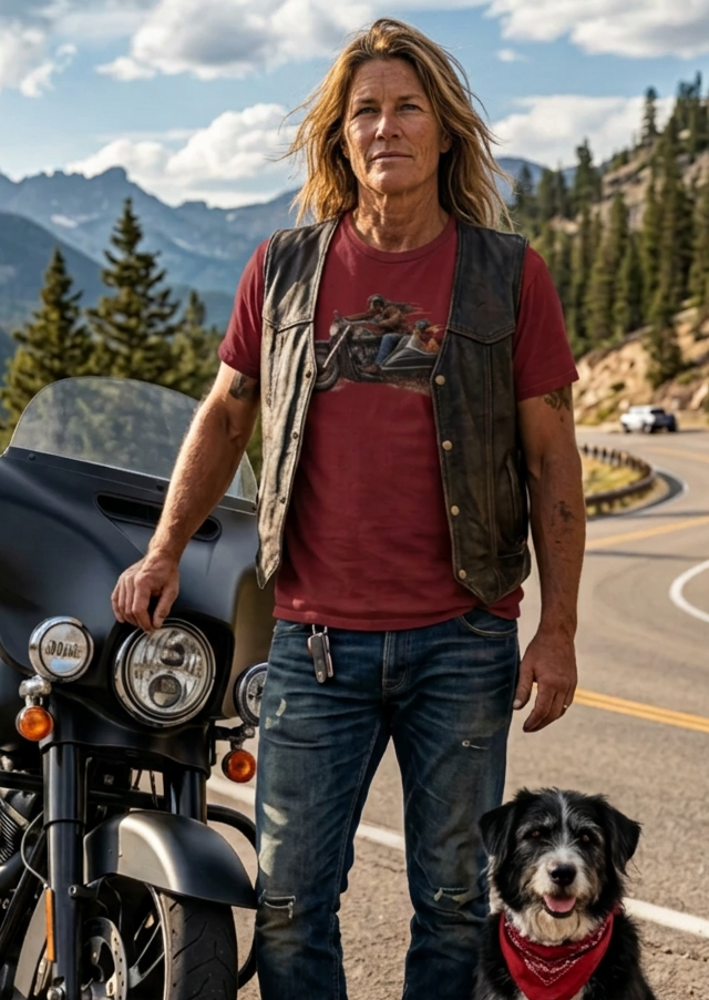 Man wearing the Wine Red HawgDogs Side Hustle tee and a leather vest with a dog in a red bandana beside a motorcycle