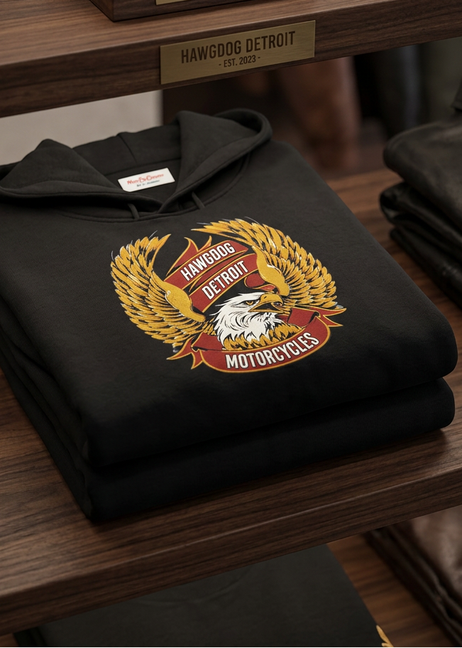 Back of the black HawgDogs Classic Gold Eagle Men's Hoodie with the HawgDog Detroit gold emblem, folded on a wooden table