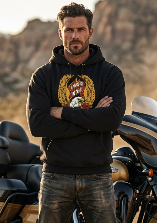 Close-up of the Classic Gold Eagle front graphic on the black hoodie