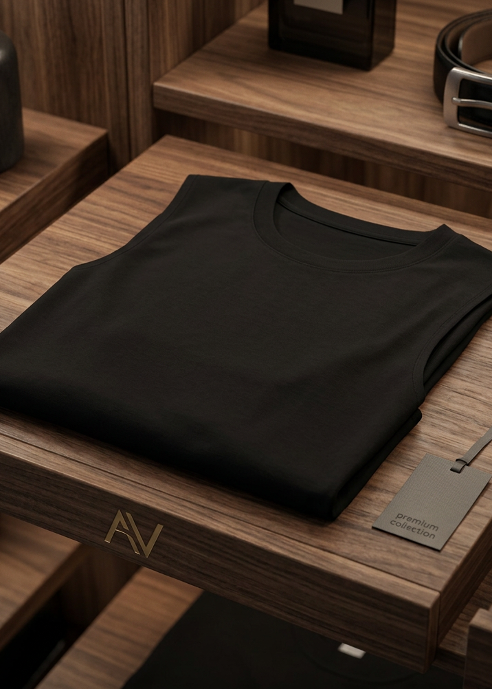 Back of the black Don't Fear Death, Fear Not Living men's tank top, folded on a wooden table