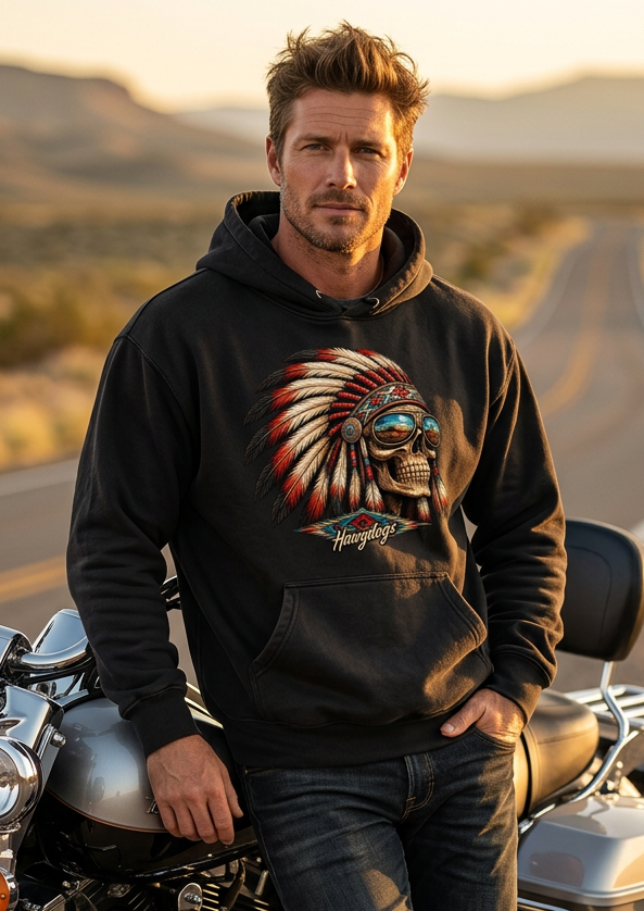 Man on a motorcycle wearing the black HawgDogs Thunderhead Ultimate Fleece-147 Hoodie showing the front war-bonnet skull graphic
