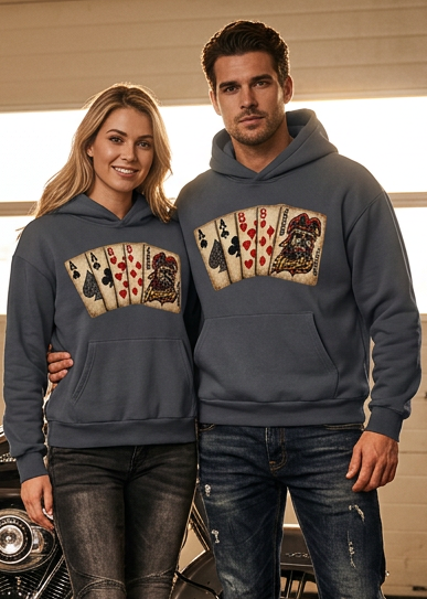 Couple wearing charcoal gray HawgDogs Ded-Dog's Hand Ultimate Fleece-147 Hoodies showing the front poker hand graphic