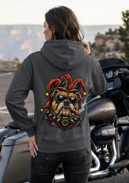 Back view of a woman wearing the charcoal gray HawgDogs Ded-Dog's Hand Ultimate Fleece-147 Hoodie with the bulldog joker graphic