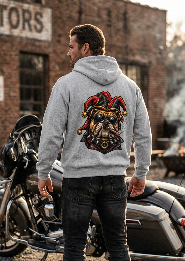 Back view of a man wearing the flower gray HawgDogs Ded-Dog's Hand Ultimate Fleece-147 Hoodie with the bulldog joker graphic
