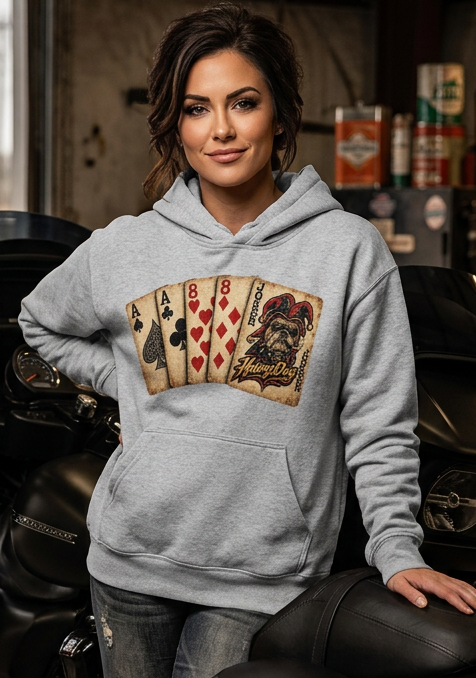 Woman wearing the flower gray HawgDogs Ded-Dog's Hand Ultimate Fleece-147 Hoodie showing the front poker hand graphic