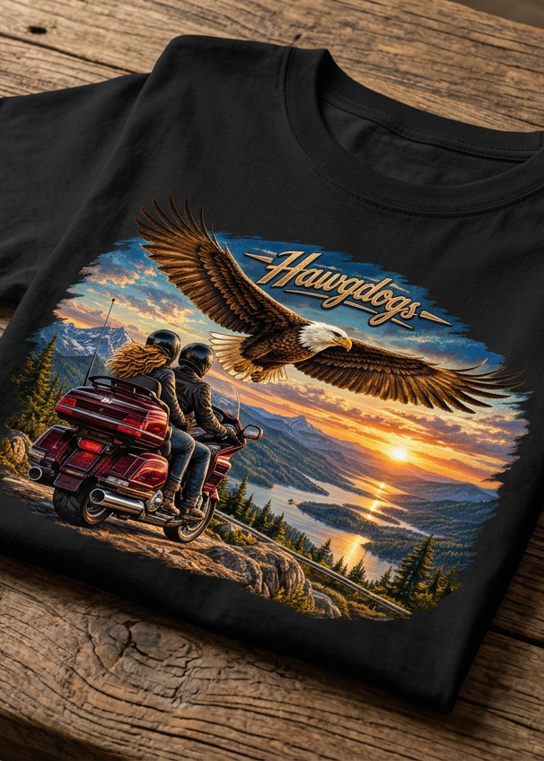 Front of the black Wings of The Open Road tee with the eagle and sunset motorcycle graphic, laid flat on a wooden table