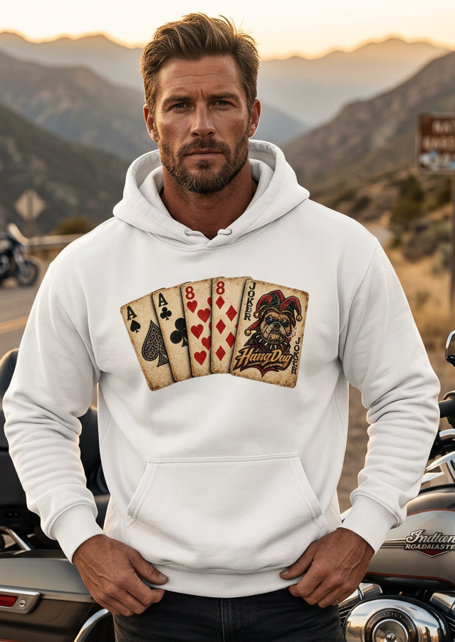 Man wearing the white HawgDogs Ded-Dog's Hand Ultimate Fleece-147 Hoodie showing the front poker hand graphic