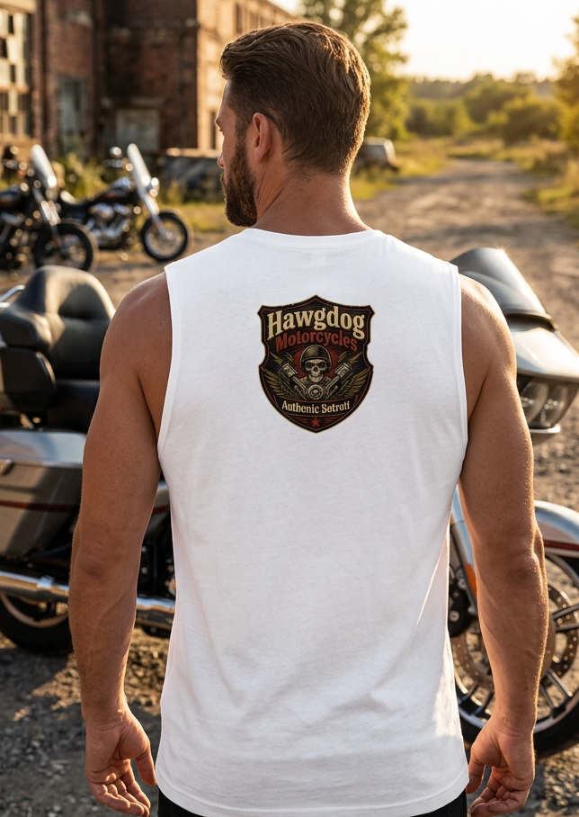 Back of the white No-One Rides for Free men's tank top with the HawgDog Motorcycles crest