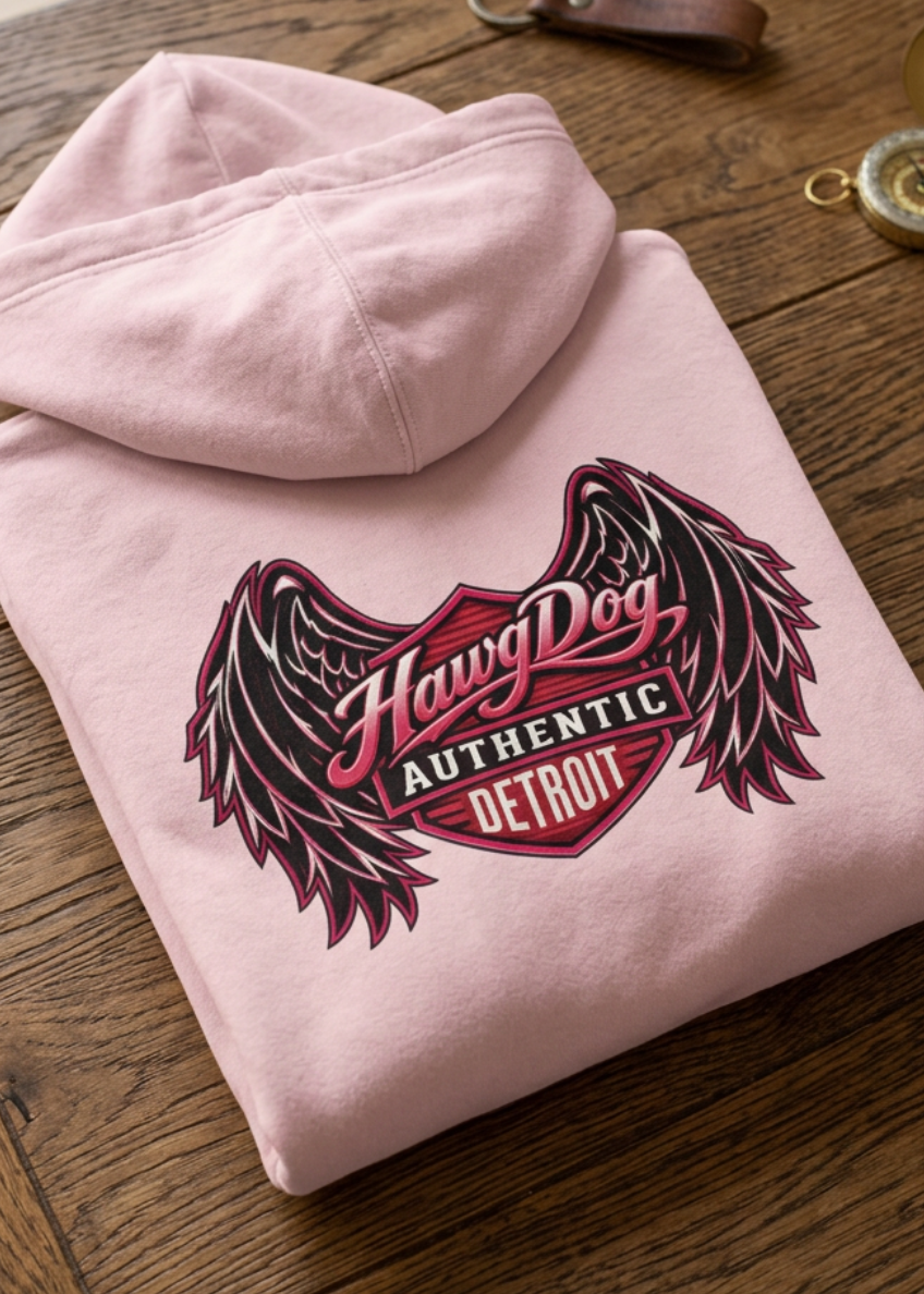 Back of the pink Put Something Exciting premium hoodie with the winged HawgDog logo, folded on a wooden table