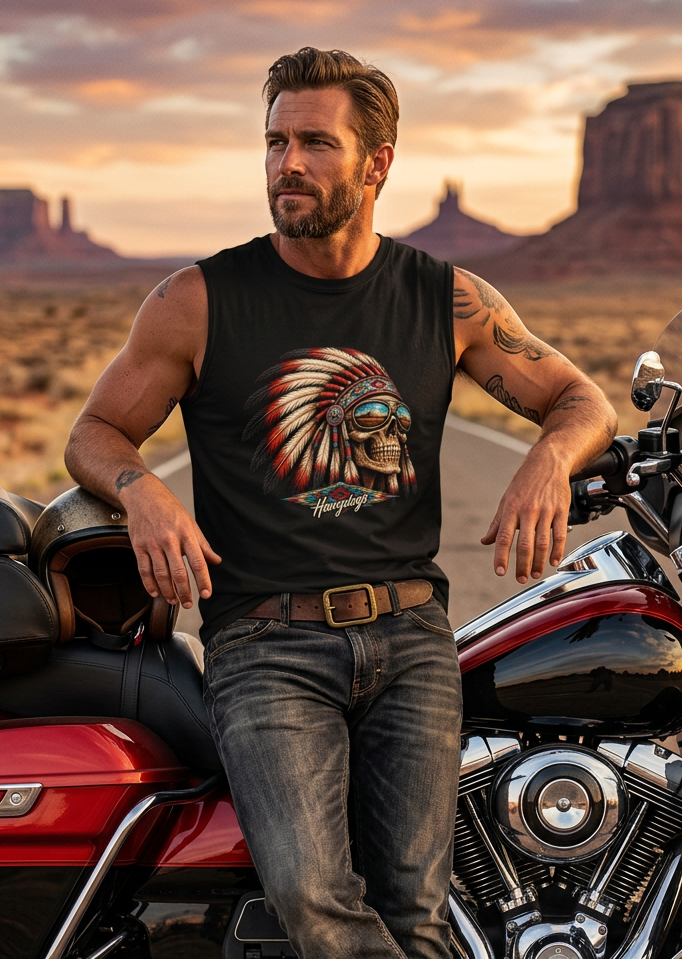 Man in the black Thunderhead men's tank top leaning on his motorcycle in a canyon landscape