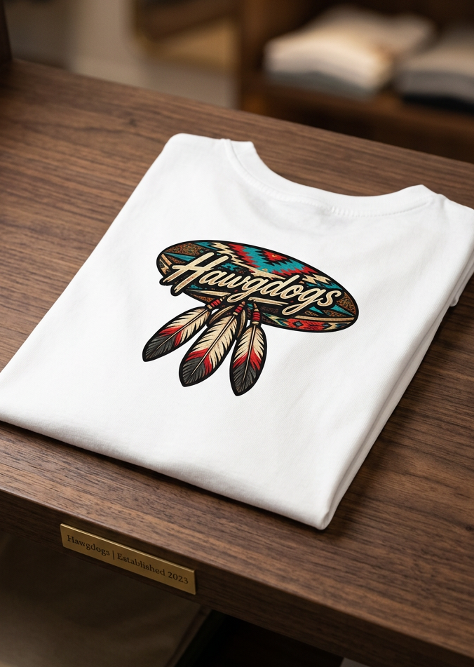 Back of the white Thunderhead men's tank top with the feathered HawgDog skull logo, folded on a wooden table