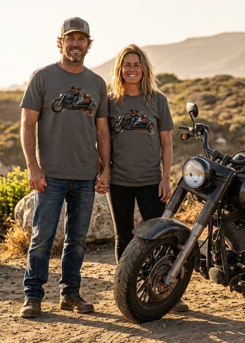 Couple wearing Charcoal Gray HawgDogs Side Hustle tees standing next to a motorcycle