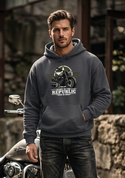 Man wearing the charcoal gray HawgDogs Might of The Republic Ultimate Fleece-147 Hoodie showing the front military star and motorcycle graphic