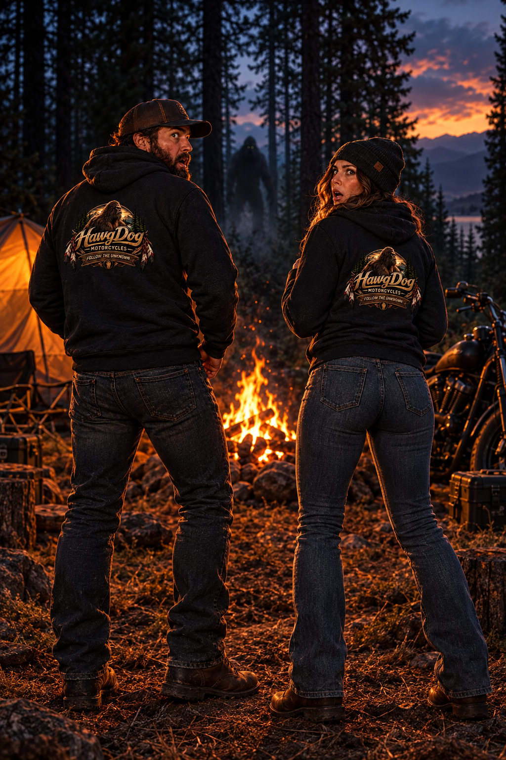 Back of black Follow The Unknown hoodies on a couple at a forest campfire