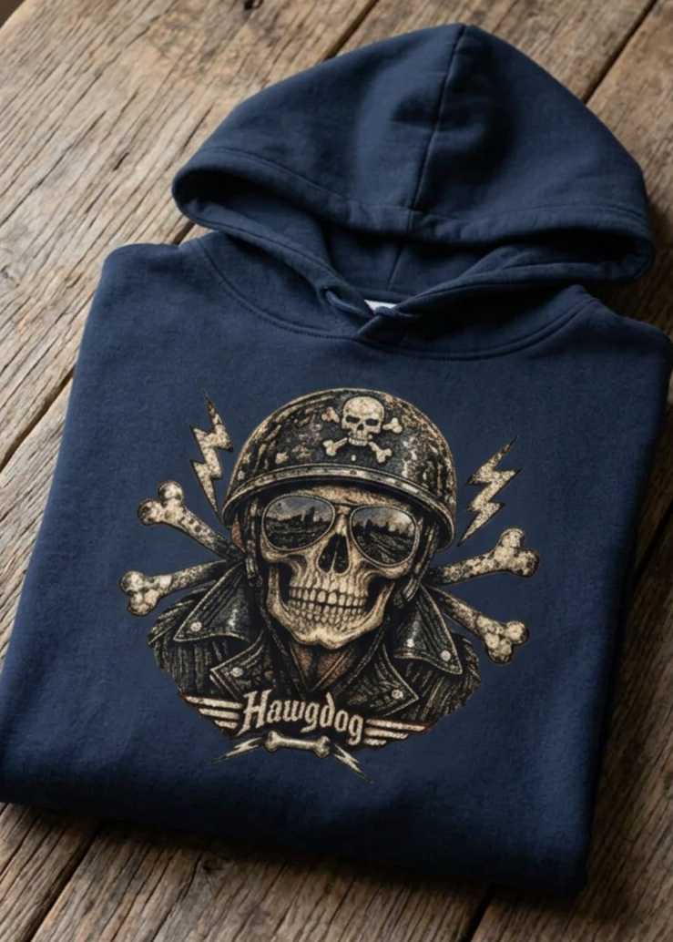 Front of the navy Billy Bones hoodie with the helmeted skull and crossbones graphic, laid flat on a wooden table