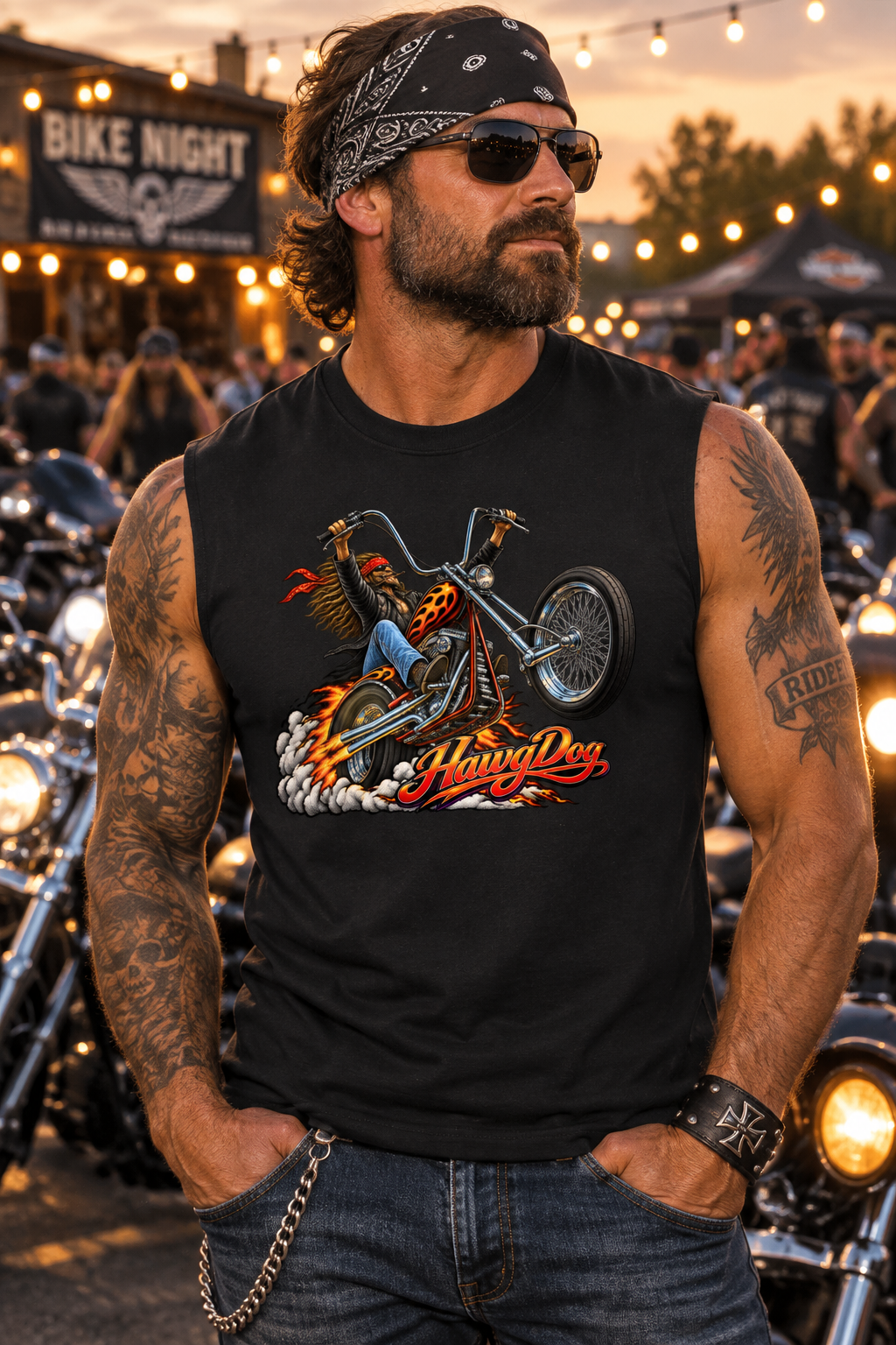 Man in the black Wild Wheelie men's tank top at a motorcycle rally at dusk