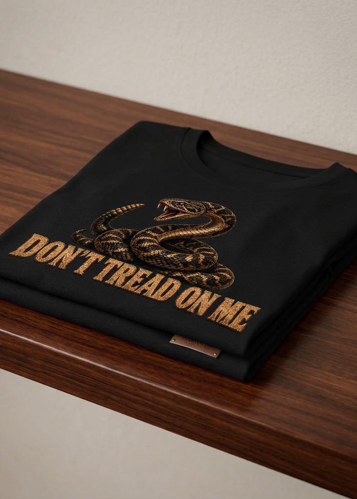 Back of the black Don't Tread Doggo men's tank top with the coiled rattlesnake graphic, folded on a wooden table
