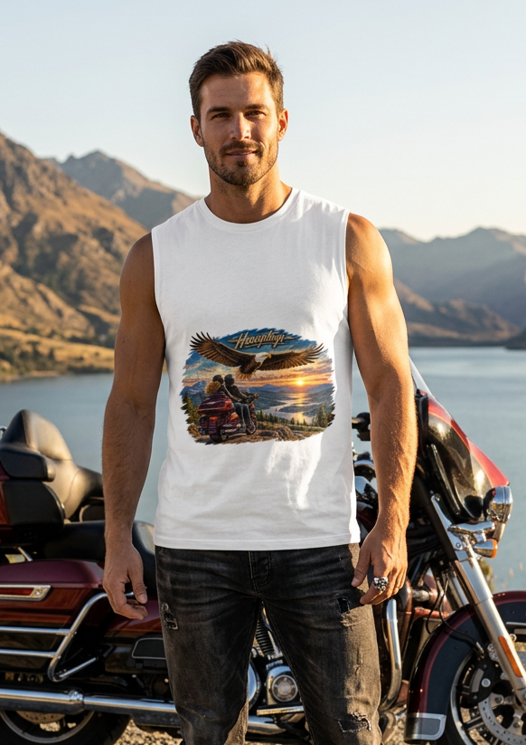 Man in the white Wings of The Open Road men's tank top with his motorcycle and mountain backdrop