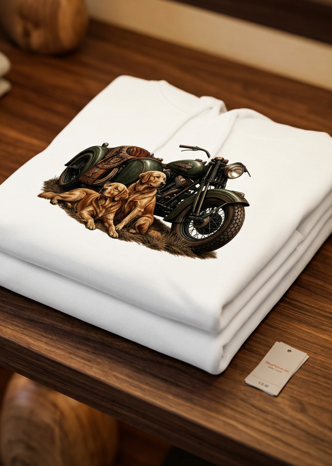 Front of the white HawgDogs Golden Hour Men's Hoodie on a wooden hanger