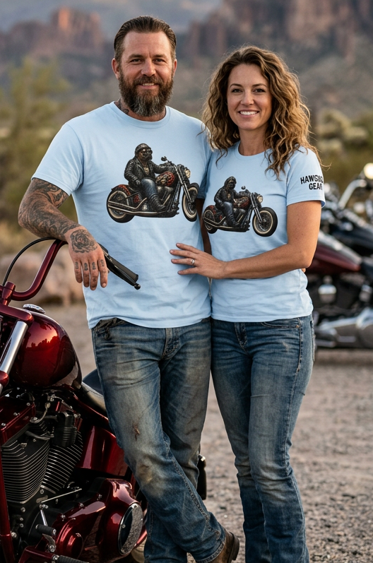 Front of the Sky Blue HawgDogs Bulldog tee with a bulldog in a leather jacket and goggles riding a black motorcycle with red flames on the tank