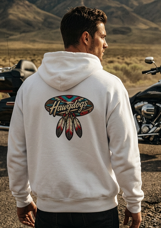 Back view of a man wearing the white HawgDogs Thunderhead Ultimate Fleece-147 Hoodie with the HawgDog MC Detroit Chapter graphic