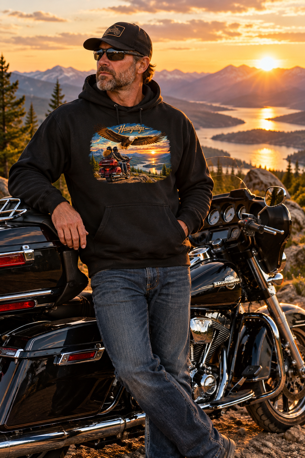 Man in the black Wings of The Open Road hoodie with his motorcycle at a mountain lake