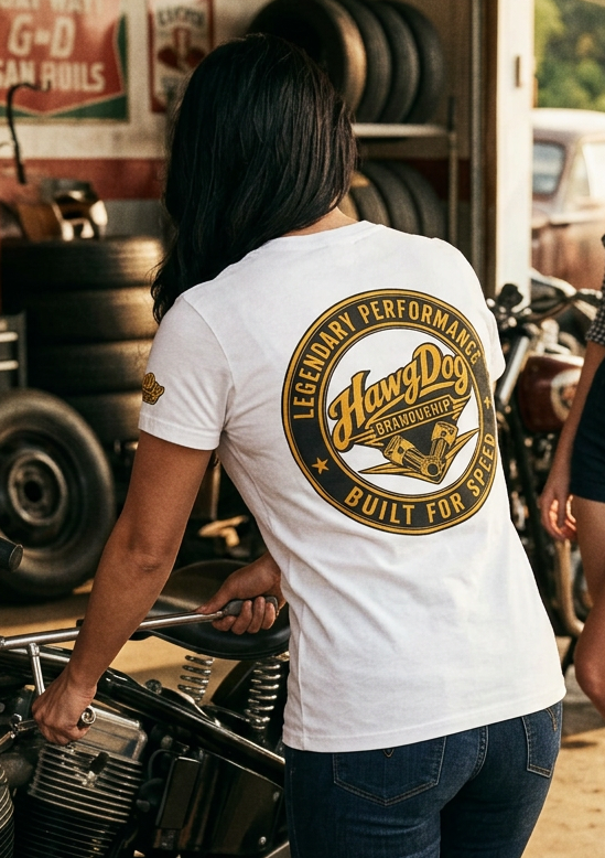 HawgDogs Spark Plug Sally Tee Shirt - Lucent White back, on model