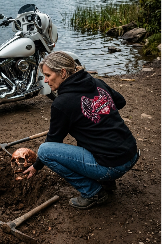 Back of the black Angel Skull premium hoodie on a rider by the river